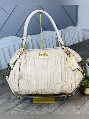 Coach Madison Gathered Leather Satchel Bag Off-White Cream Gold Hardware